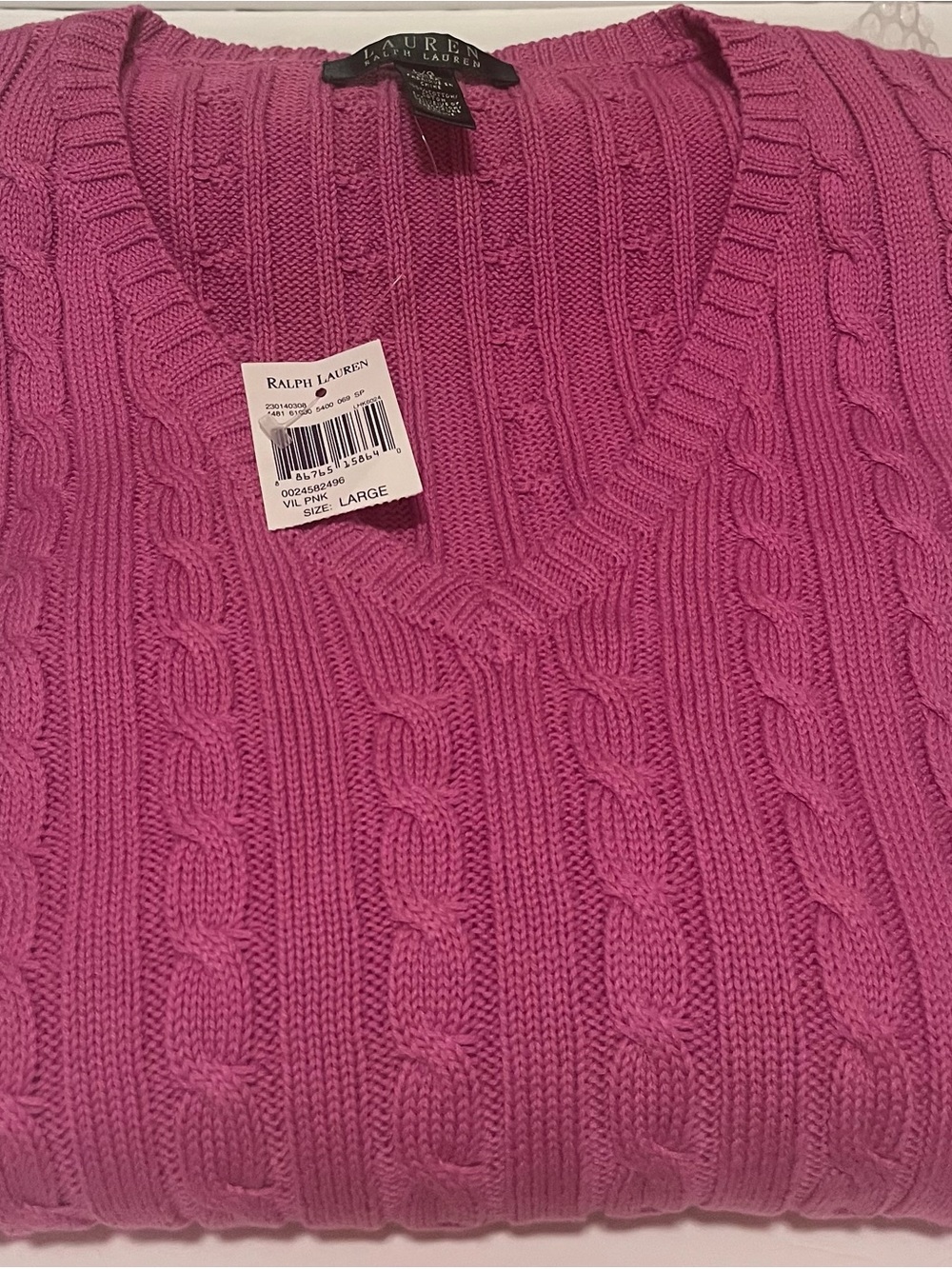 Ralph Lauren Raspberry Cable Knit V-Neck Sweater Large